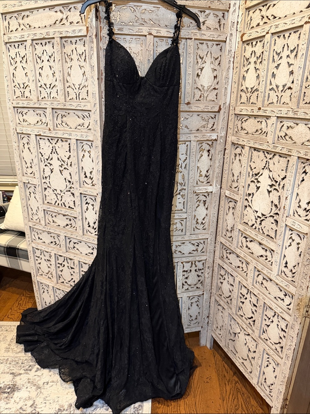 Sherri Hill Black Beaded Mermaid Prom Gown with Braided Straps